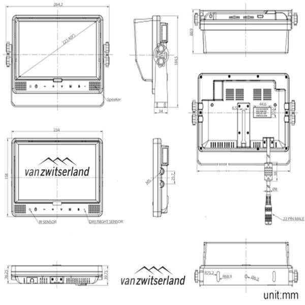 Extra groot Split Quad Touch monitor voor maximaal 4 camera's bijvoorbeeld: frontcamera, zijcamera en achterzicht camera