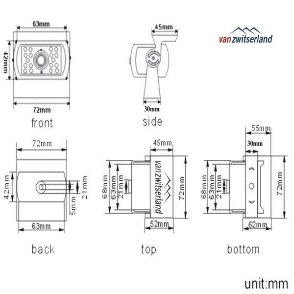 Technische tekening C1 achteruitrijcamera voor achterzijde