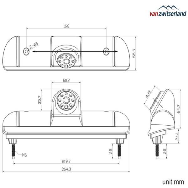 Technische tekening C15 achteruitrijcamera voor in derde remlicht Ford Transit, Peugeot Boxer en Citroen Jumper