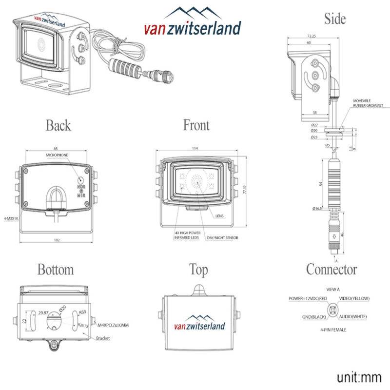 Technische tekening C4 achteruitrijcamera