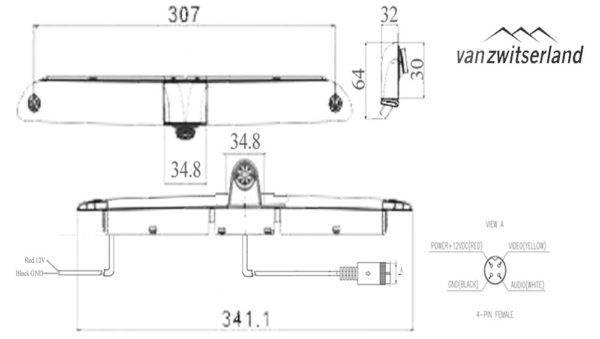 Technische tekening C11 achteruitrijcamera voor in het derde remlicht van de Mercedes-Benz Sprinter en Vokswagen Crafter